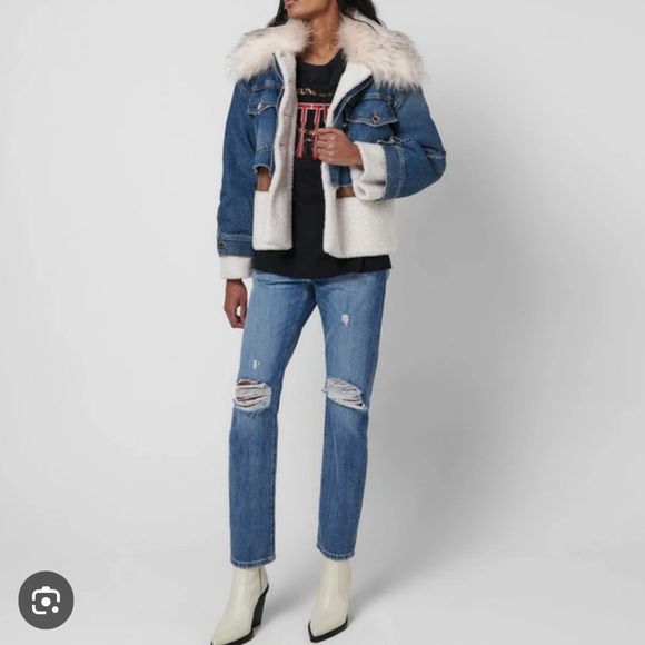 PINKO Faux Fur Trimmed Denim Jacket Size 12 - Picture 5 of 17